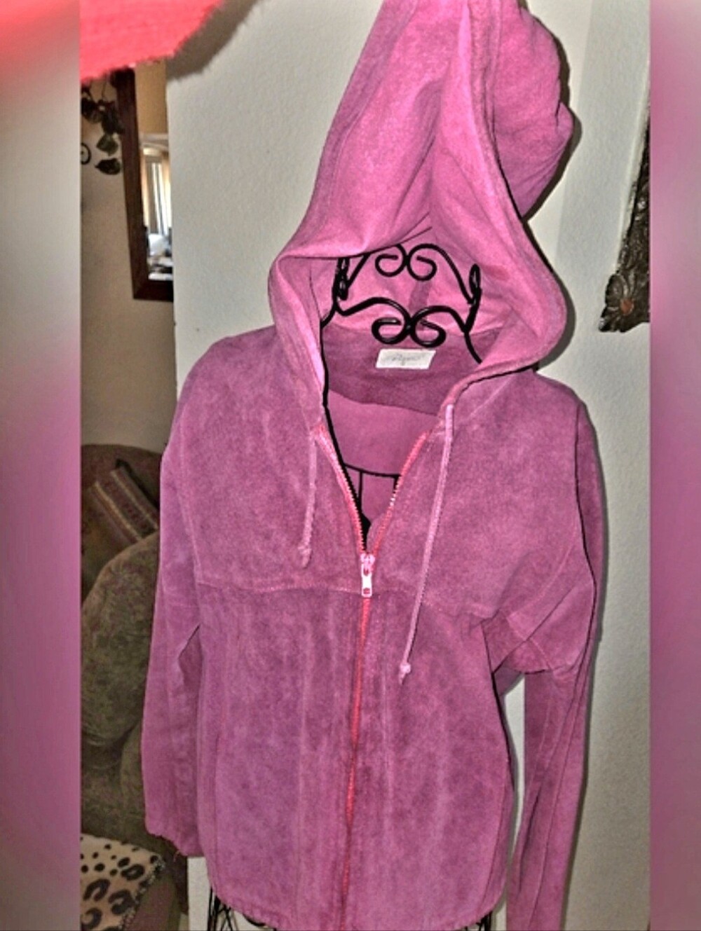 Suede, hooded,zippered jacket.